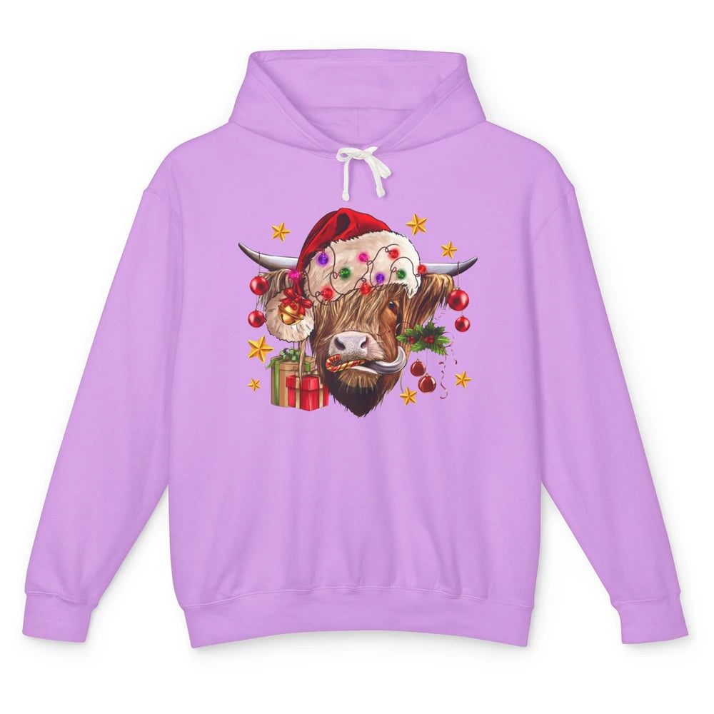 Highland Cow Joy Santa Hat Christmas Ornament Western Farm Unisex Lightweight Hoodie