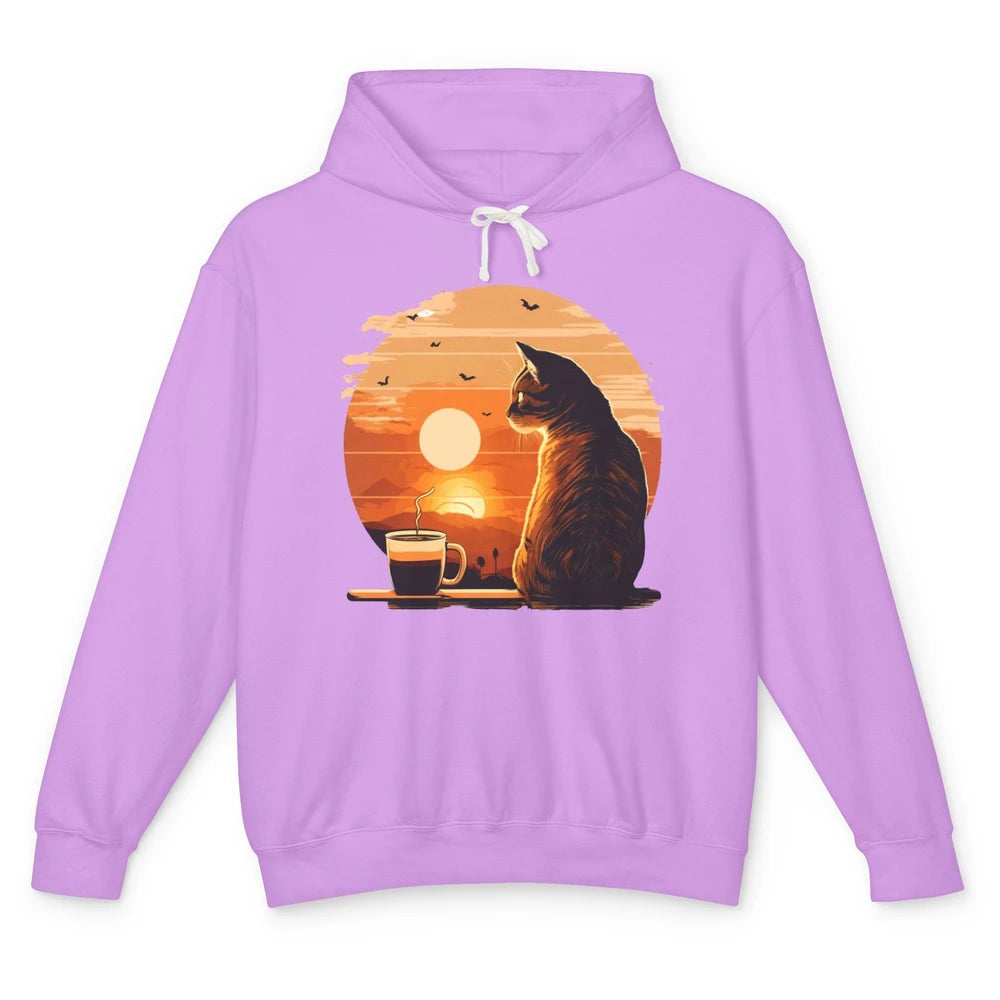 Coffee Cat And Vintage Sunset Love Drinking Coffee At Sunset Unisex Lightweight Hoodie