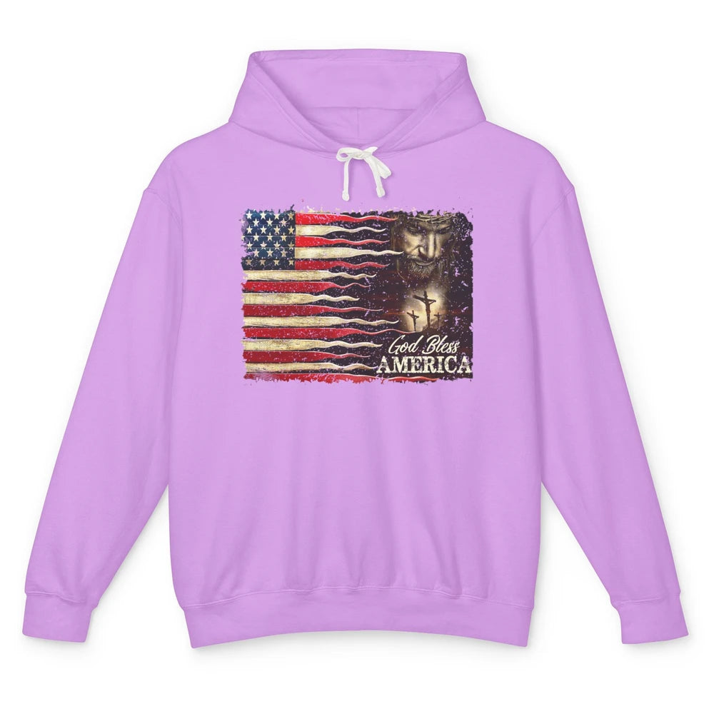 Retro US Flag Jesus Cross God Bless America Patriot July 4th Unisex Lightweight Hoodie