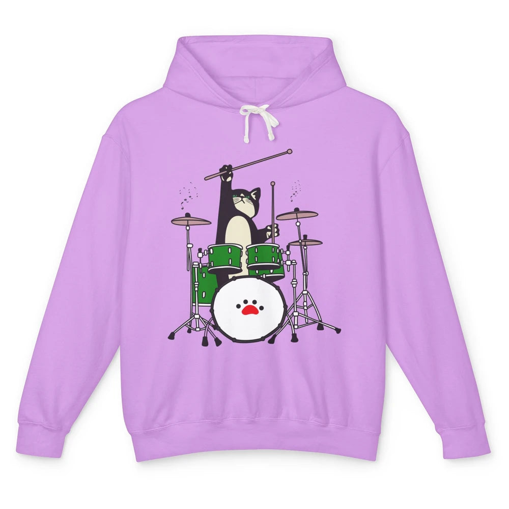 Funny Black Cat Playing Drum Drummer Kitten Musician Song Unisex Lightweight Hoodie