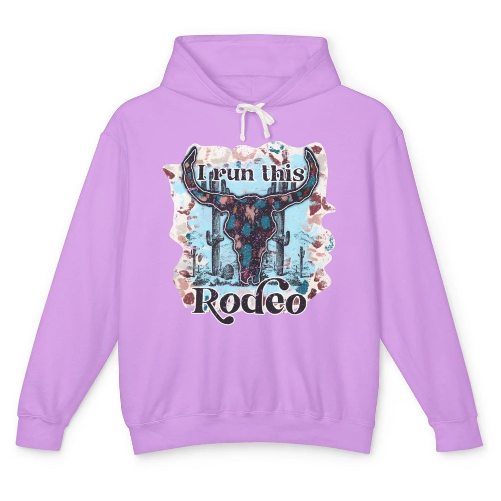 Leopard Bull Skull I Run This Rodeo Desert Cactus Western Unisex Lightweight Hoodie