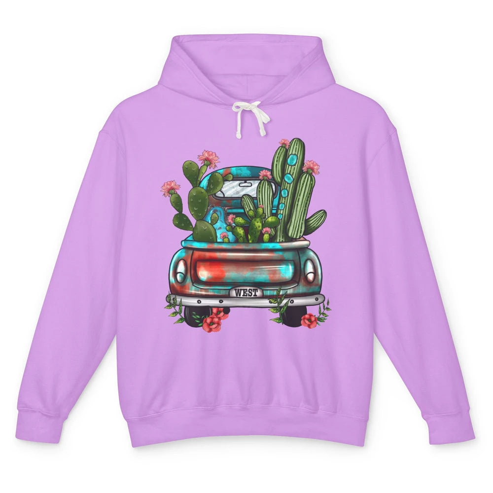 Turquoise Western Truck Desert Cactus Go West Western Gift Unisex Lightweight Hoodie