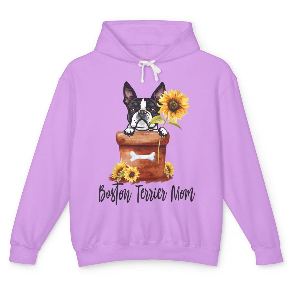 Funny Boston Terrier Dog Face Sunflowers Puppy Dog Mom Mama Unisex Lightweight Hoodie