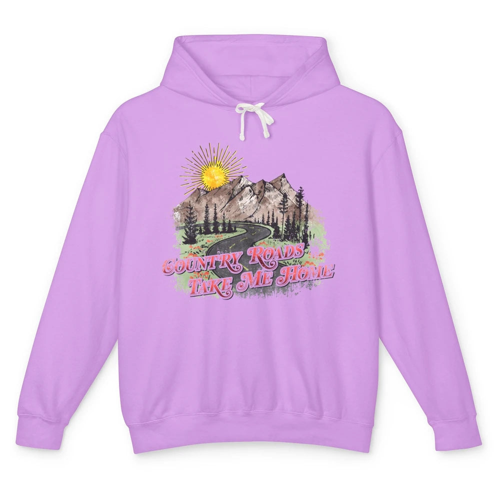 Retro Mountain Sunset Country Roads Take Me Home Western Unisex Lightweight Hoodie