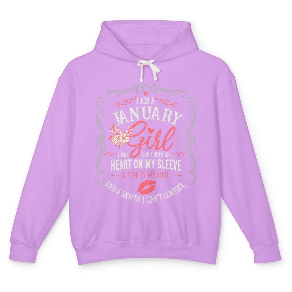 Retro January Girl Born With My Heart On My Sleeve Birthday Unisex Lightweight Hoodie