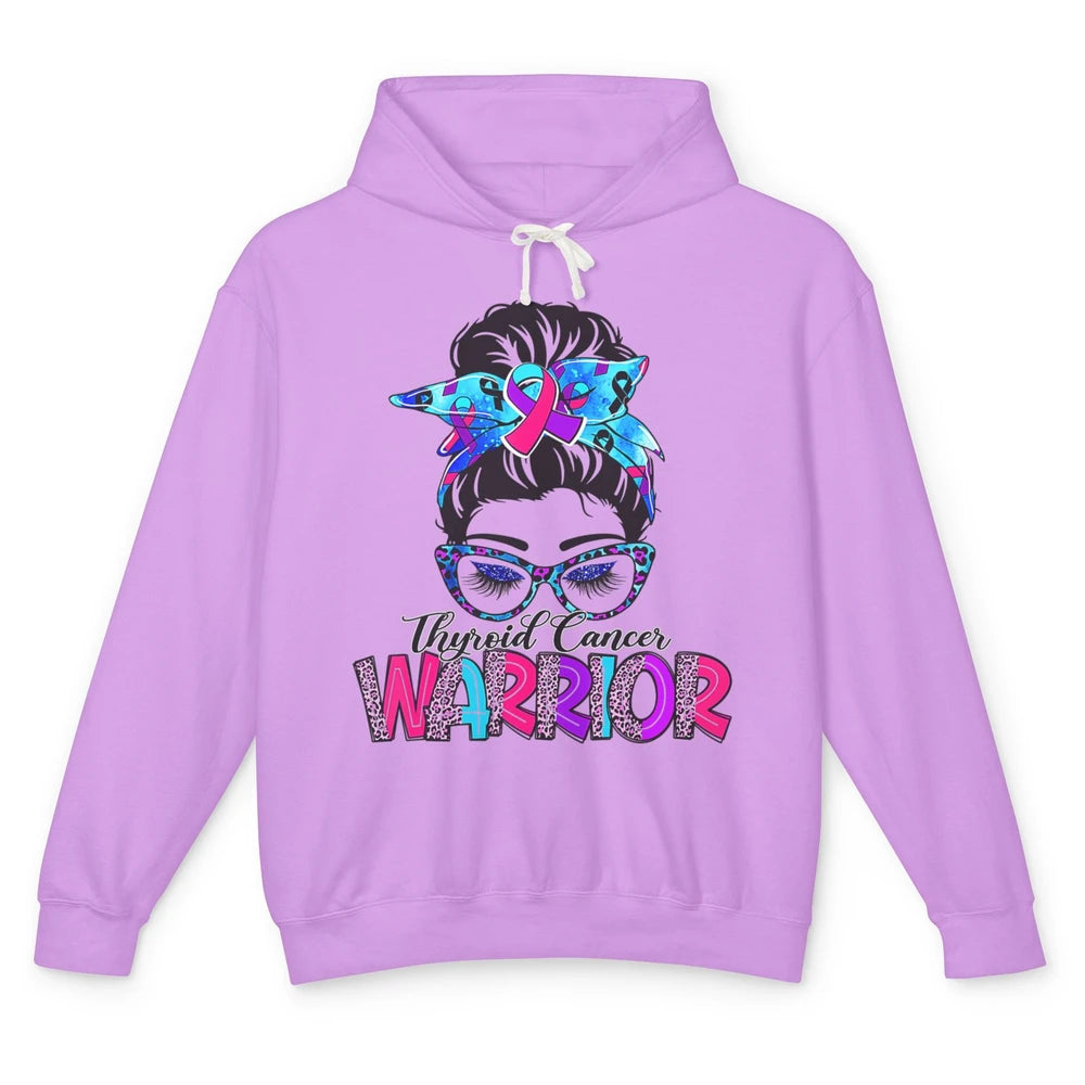 Messy Hair Bun Leopard Warrior Mom Thyroid Cancer Awareness Unisex Lightweight Hoodie