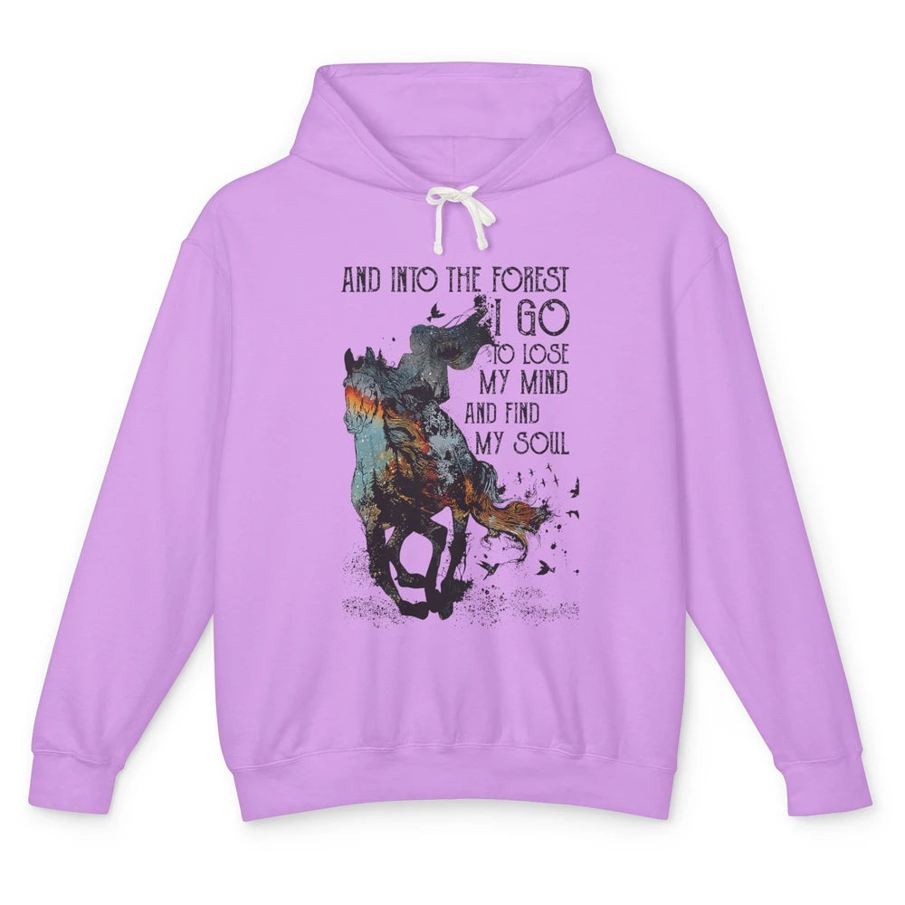 Retro Cowgirl Riding Horse Into Forest I Go Western Cowboy Unisex Lightweight Hoodie