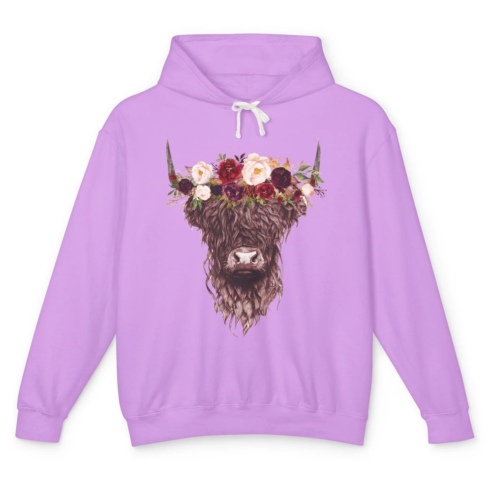 Floral Highland Cow Western Farm Animals Highland Cow Lovers Unisex Lightweight Hoodie