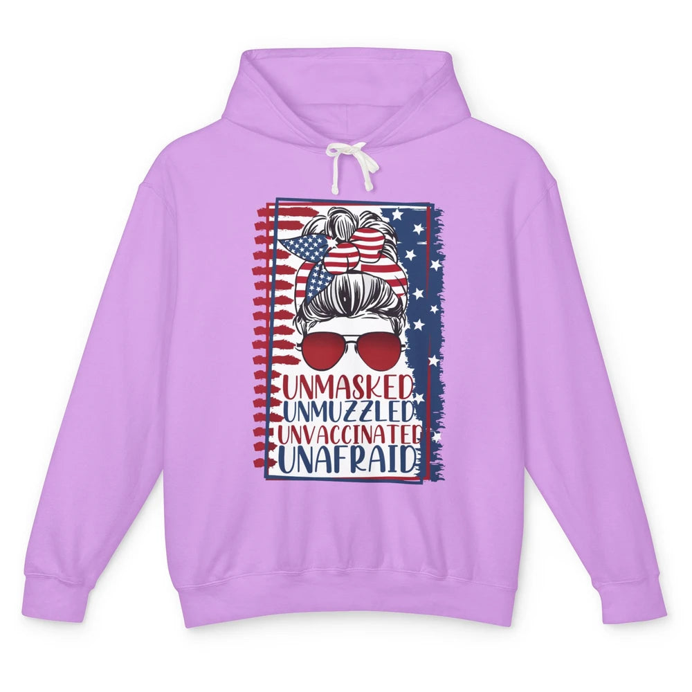 Unmasked Unmuzzled Unvaccinated Unafraid US Flag Messy Bun Unisex Lightweight Hoodie