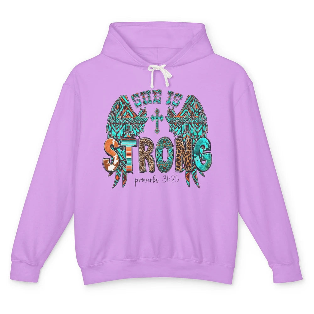 Leopard Turquoise Jesus Cross She Is Strong Bible Christian Unisex Lightweight Hoodie