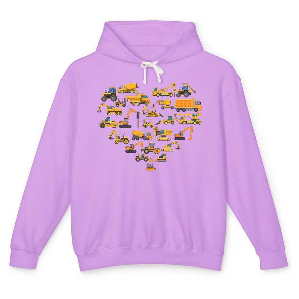 Types Of Construction Excavator Bulldozer Truck Heart Love Unisex Lightweight Hoodie