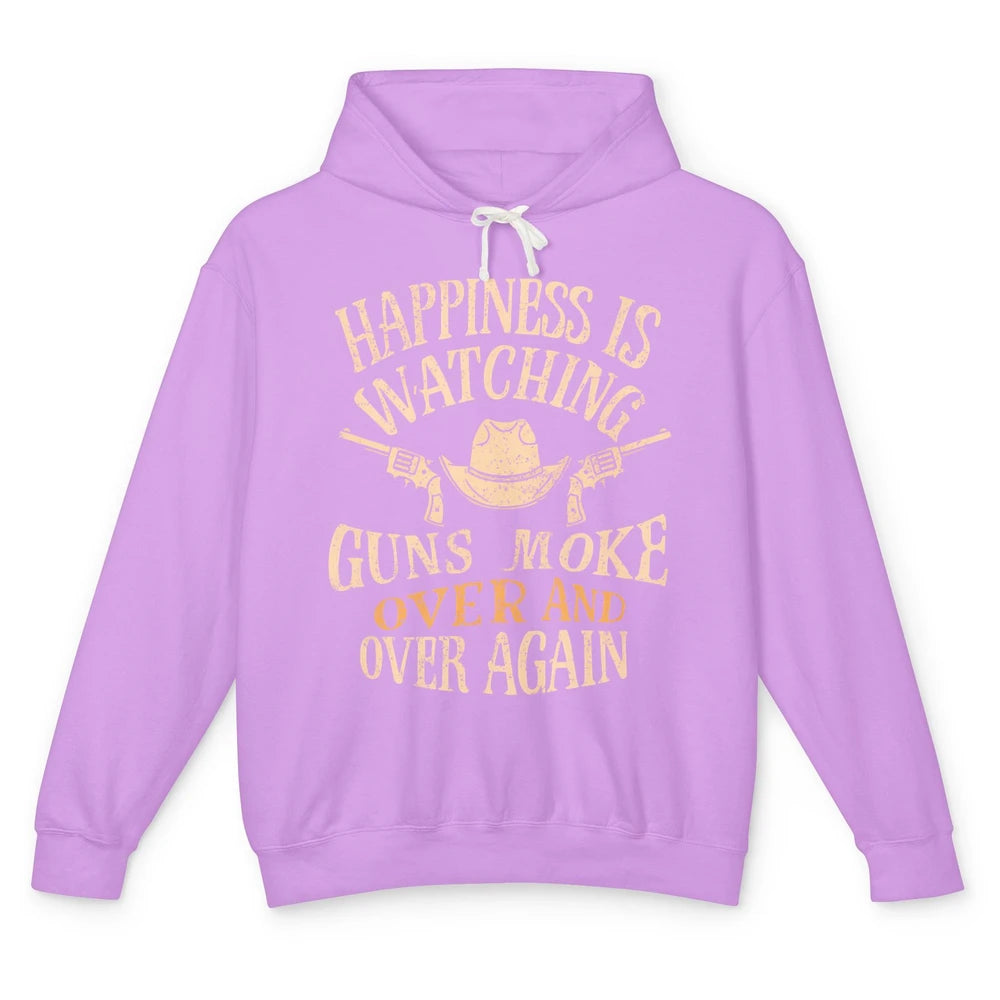 Happiness Is Watching Gunsmoke Over Retro Cowboy Hat Rodeo Howdy Western Country Unisex Lightweight Hoodie