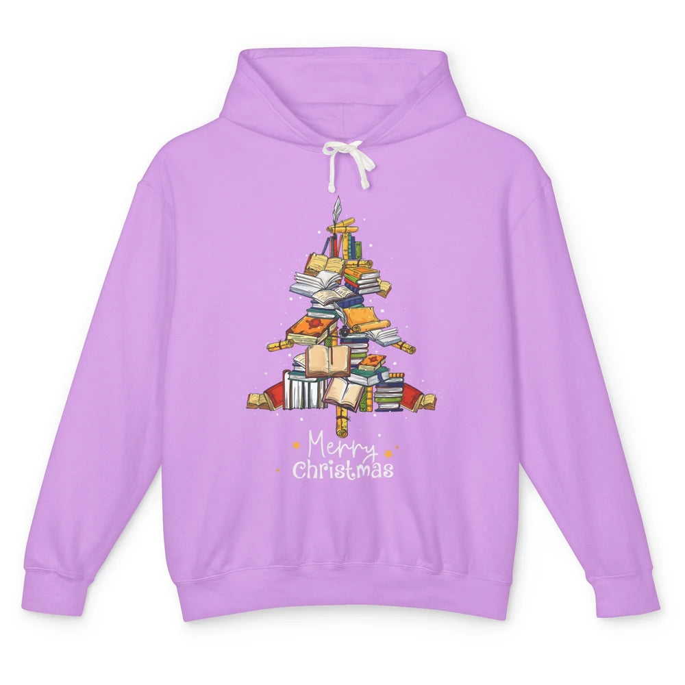 Merry Christmas Tree Reading Books Librarian Xmas Lighting Unisex Lightweight Hoodie