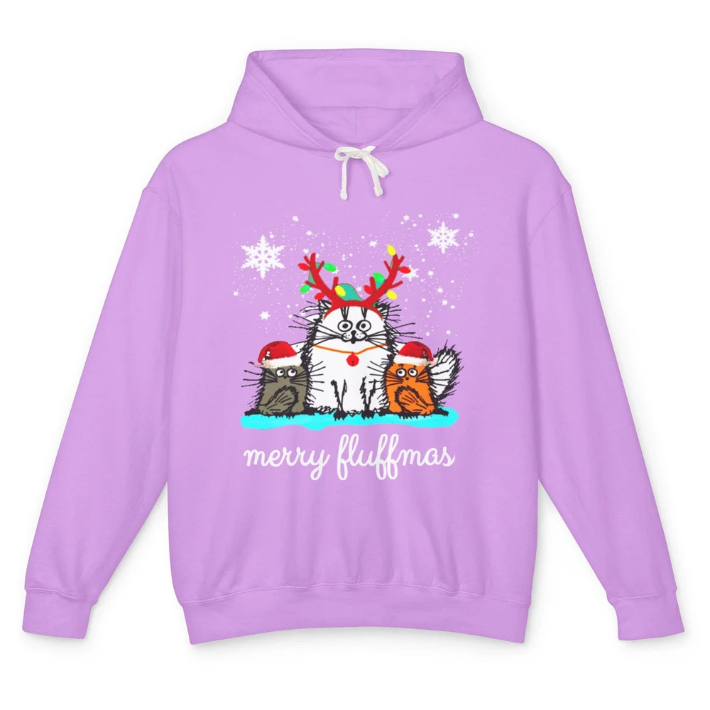 Merry Christmas Fluffmas Cat Santa Claus Hat Xmas Tree Light Unisex Lightweight Hoodie