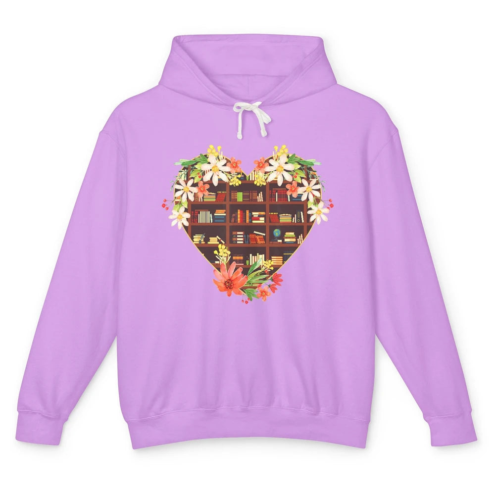 Bookshelf Heart Reading Book Floral Librarian Library Books Unisex Lightweight Hoodie