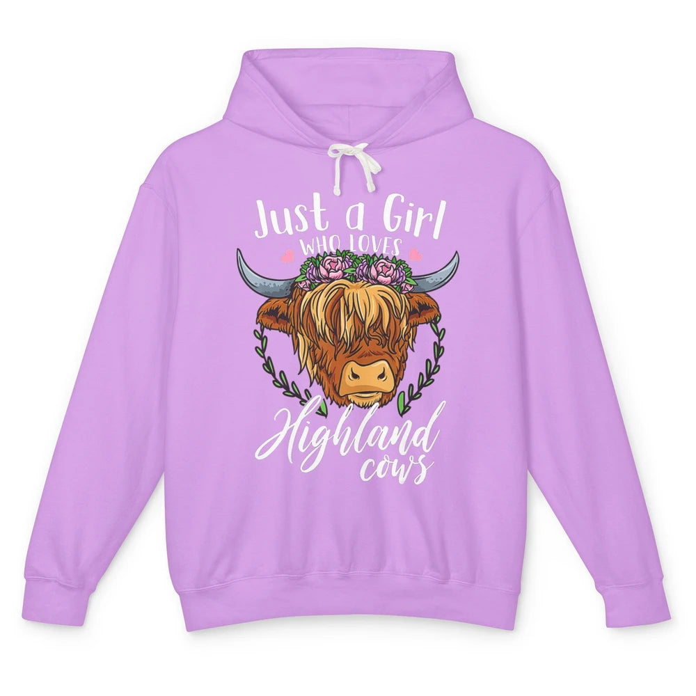 Vintage Just Girl Loves Highland Cow Floral Western Animal Unisex Lightweight Hoodie