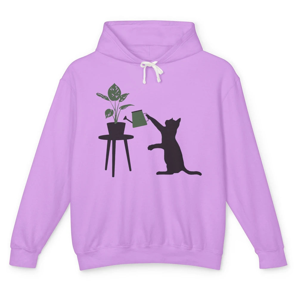 Black Cat Watering Plant Cat Gardening Planting Cat Lovers Unisex Lightweight Hoodie