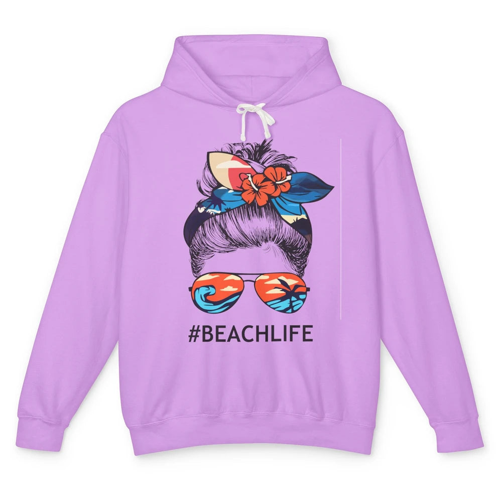 Beach Life Messy Bun Hawaiian Hair Retro Beach Palms Summer Unisex Lightweight Hoodie