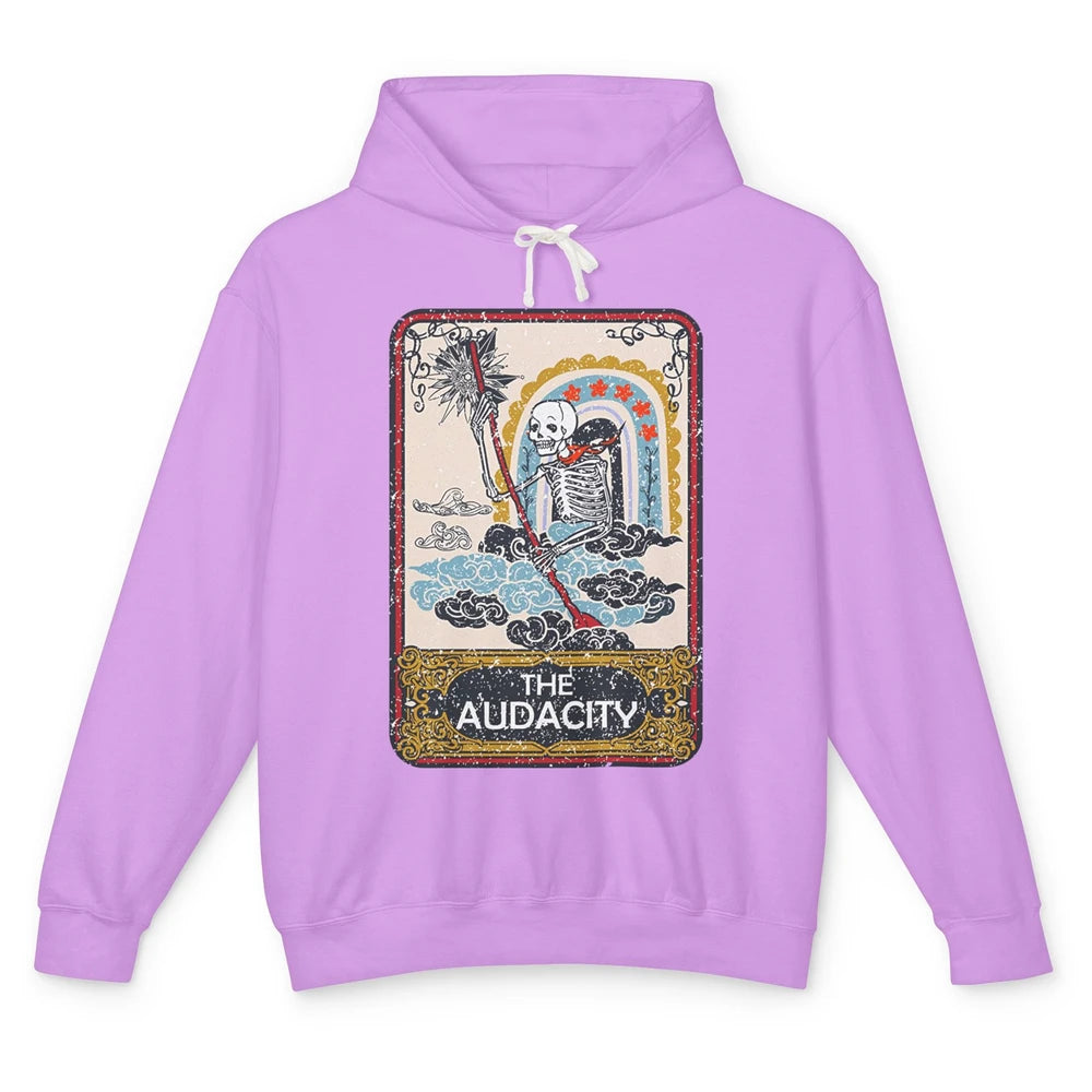 Retro Skeleton Riding Clouds Rainbow The Audacity Tarot Card Unisex Lightweight Hoodie