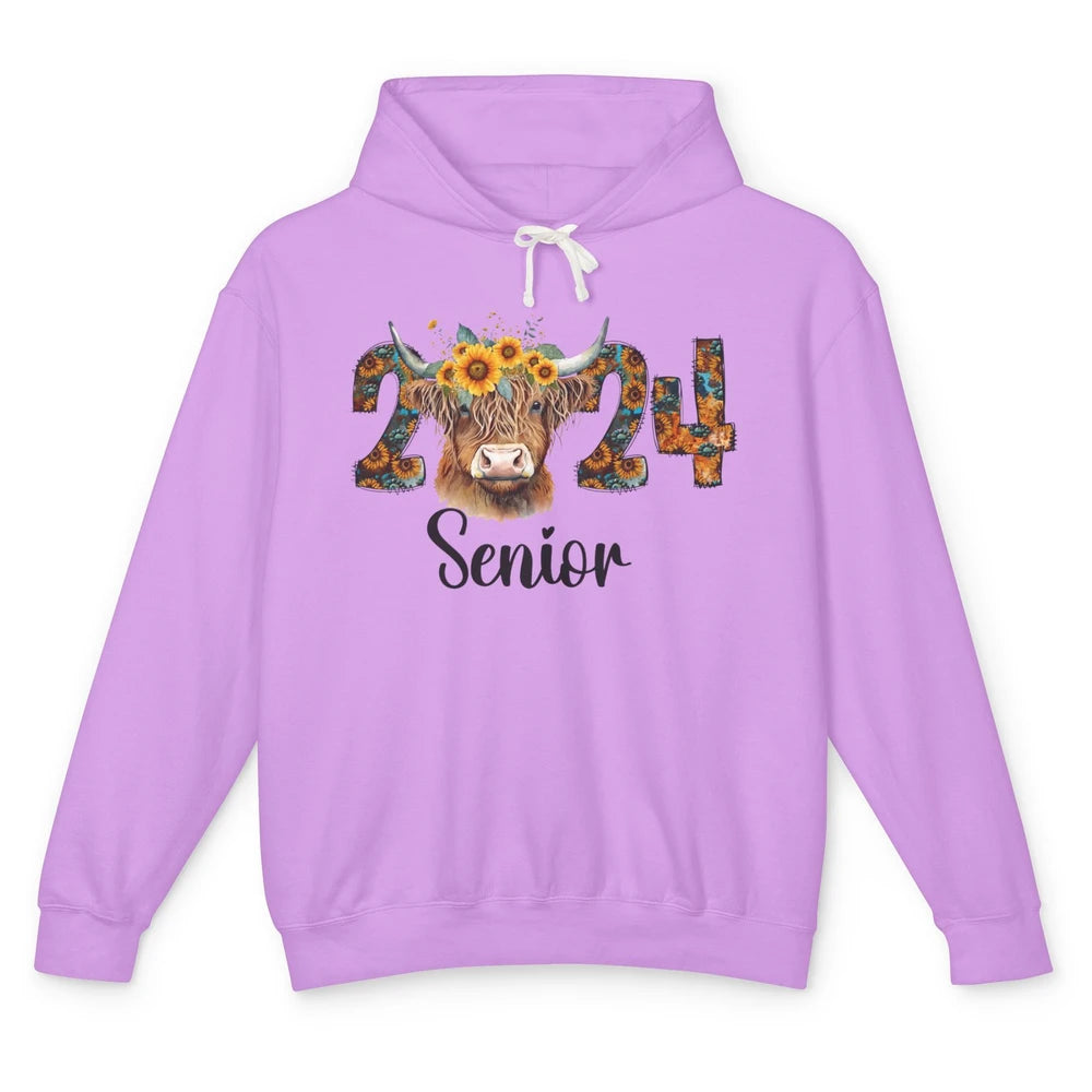 Sunflower Highland Cow Senior 2024 Graduate Bachelor Western Unisex Lightweight Hoodie