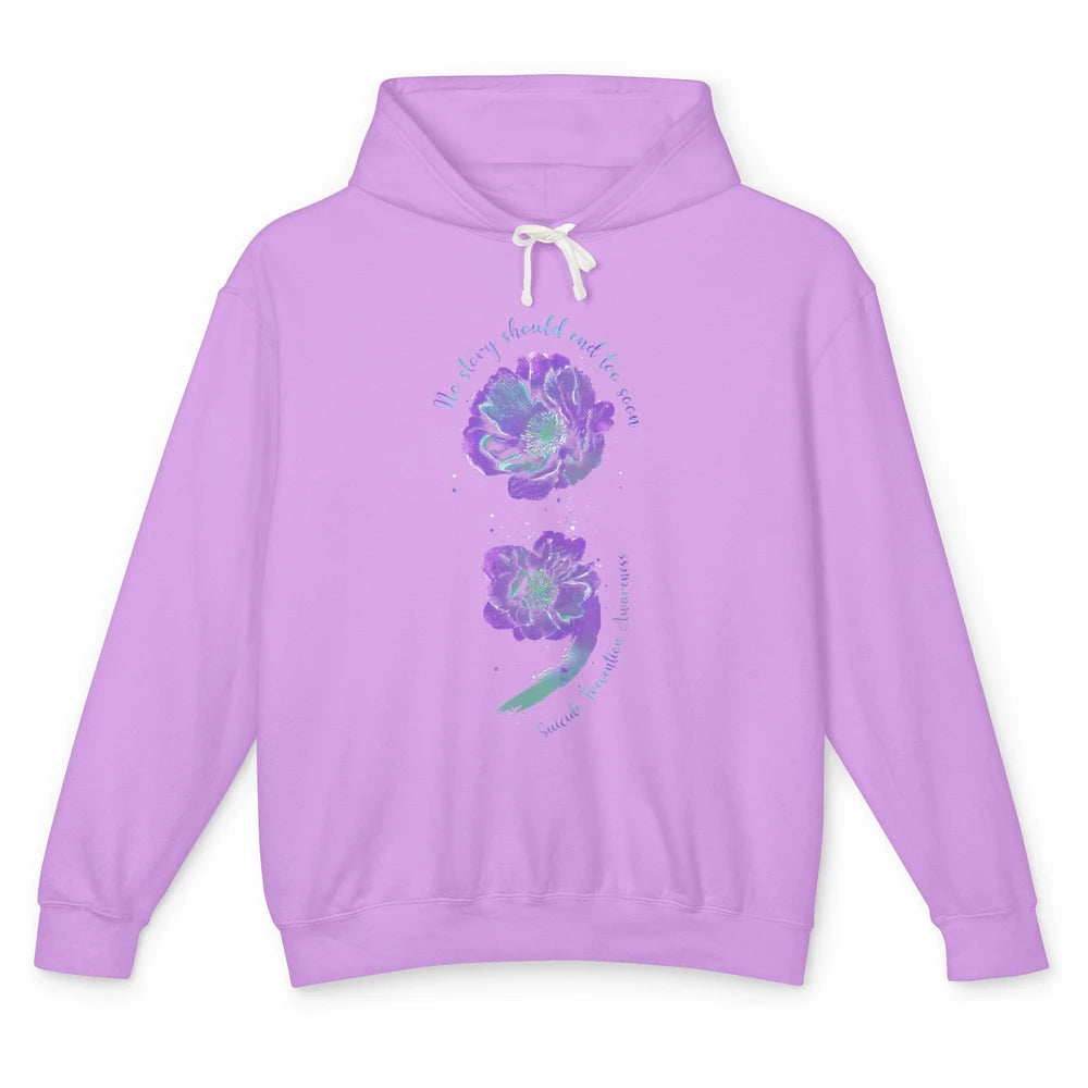 Semicolon Floral Mental Purple Blue Suicide Prevention Month Unisex Lightweight Hoodie