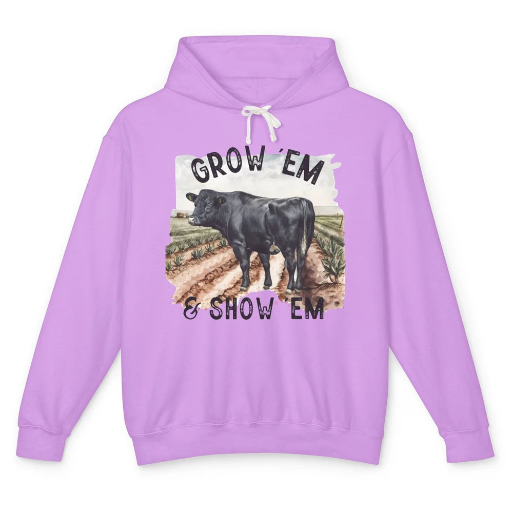 Black Cow On The Farm Grow Em Show Em Western Farm Life Unisex Lightweight Hoodie