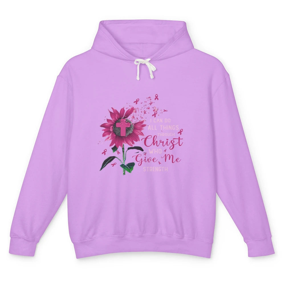 Breast Cancer Month Sunflower God Strength Cross Pink Ribbon Unisex Lightweight Hoodie