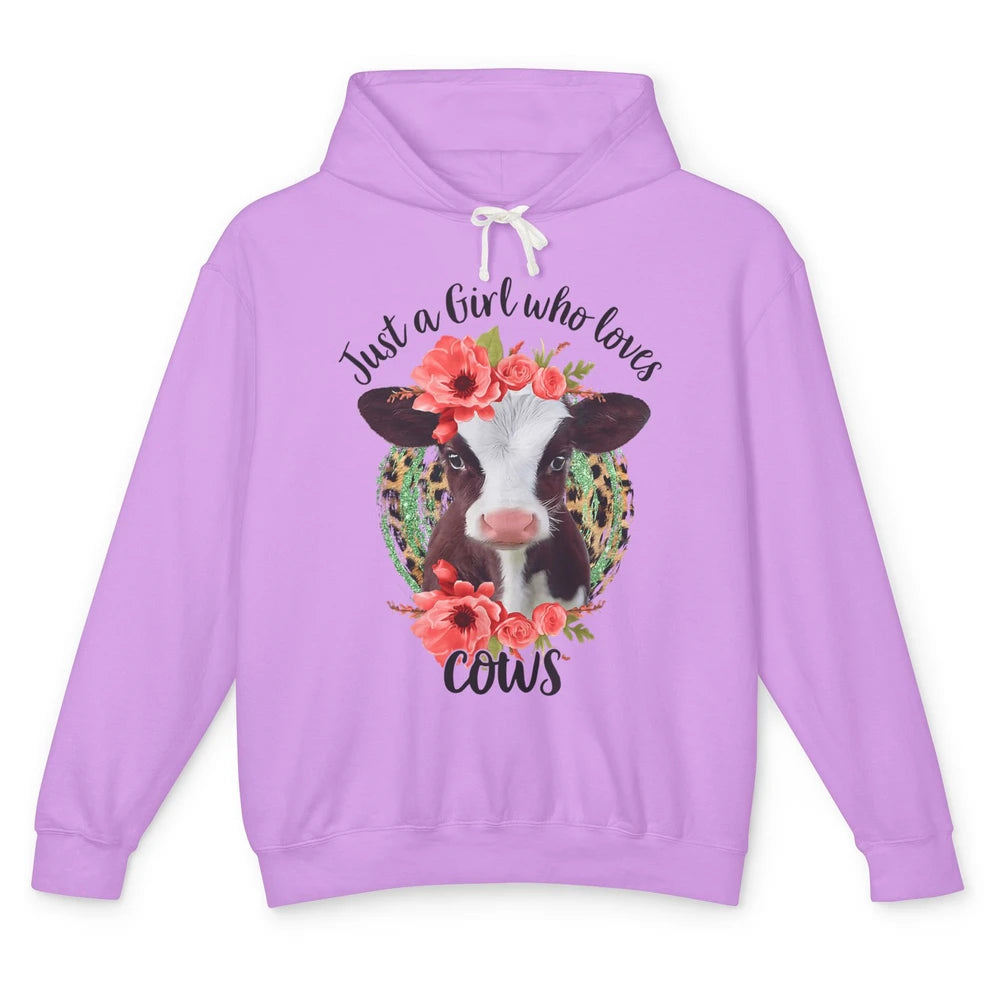 Cute Just A Girl Love Cow Heifer Floral Highland Cow Farm Unisex Lightweight Hoodie