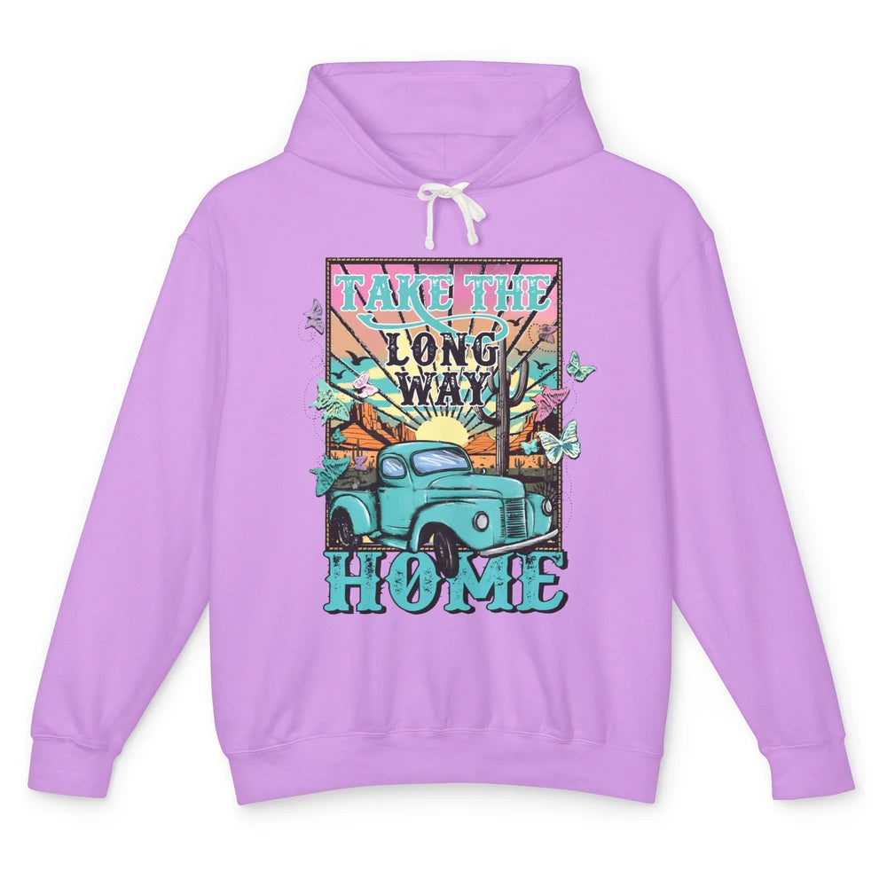 Retro Mountain Sunset Take The Long Way Home Western Country Unisex Lightweight Hoodie