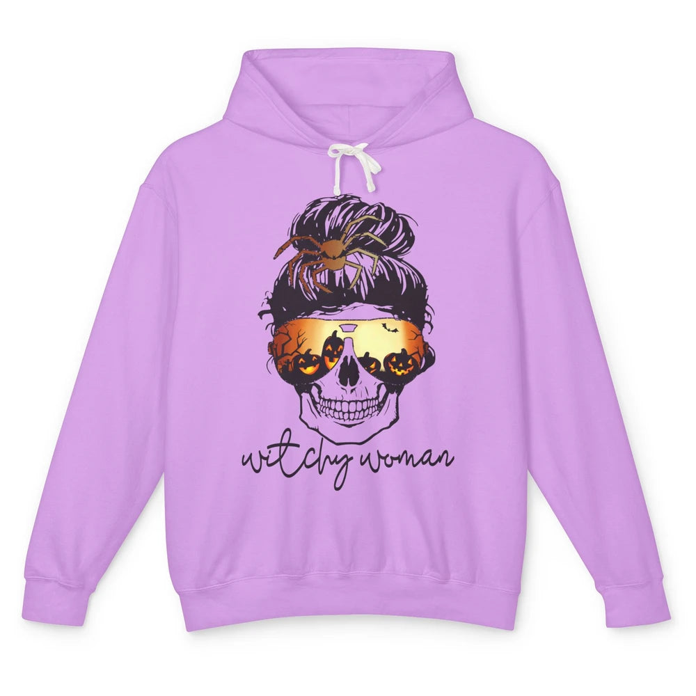 Witchy Woman Messy Bun Hair Skull Halloween Pumpkin Costume Unisex Lightweight Hoodie