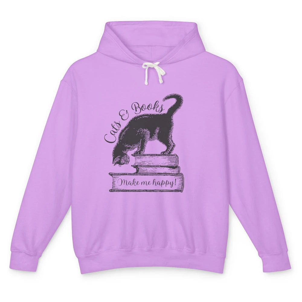 Black Cat Make Me Happy Reading Book Retro Kitten Bookish Unisex Lightweight Hoodie