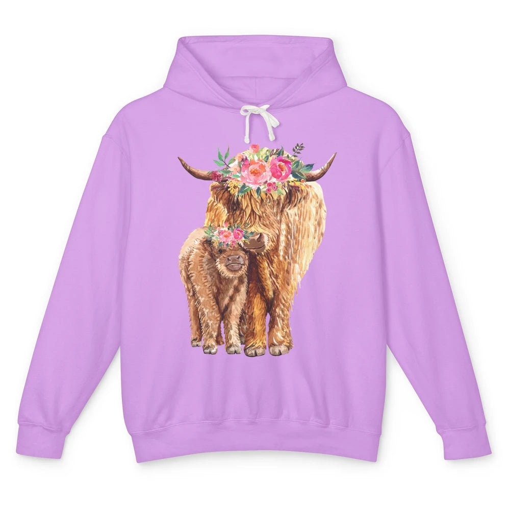 Floral Highland Cow Mom And Baby Western Country Heifer Mom Unisex Lightweight Hoodie