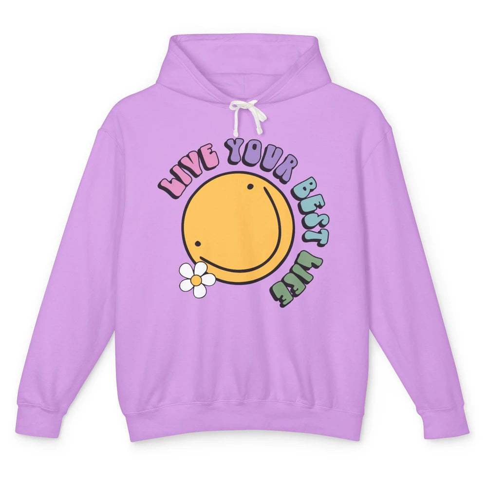 Retro Groovy Smile Face Live Your Best Life Motivational Unisex Lightweight Hoodie