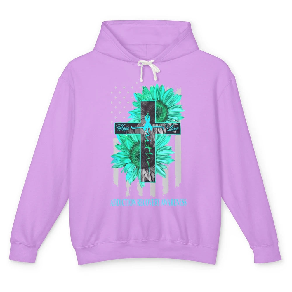 Addiction Recovery Faith Hope Love Teal US Flag Jesus Cross Unisex Lightweight Hoodie