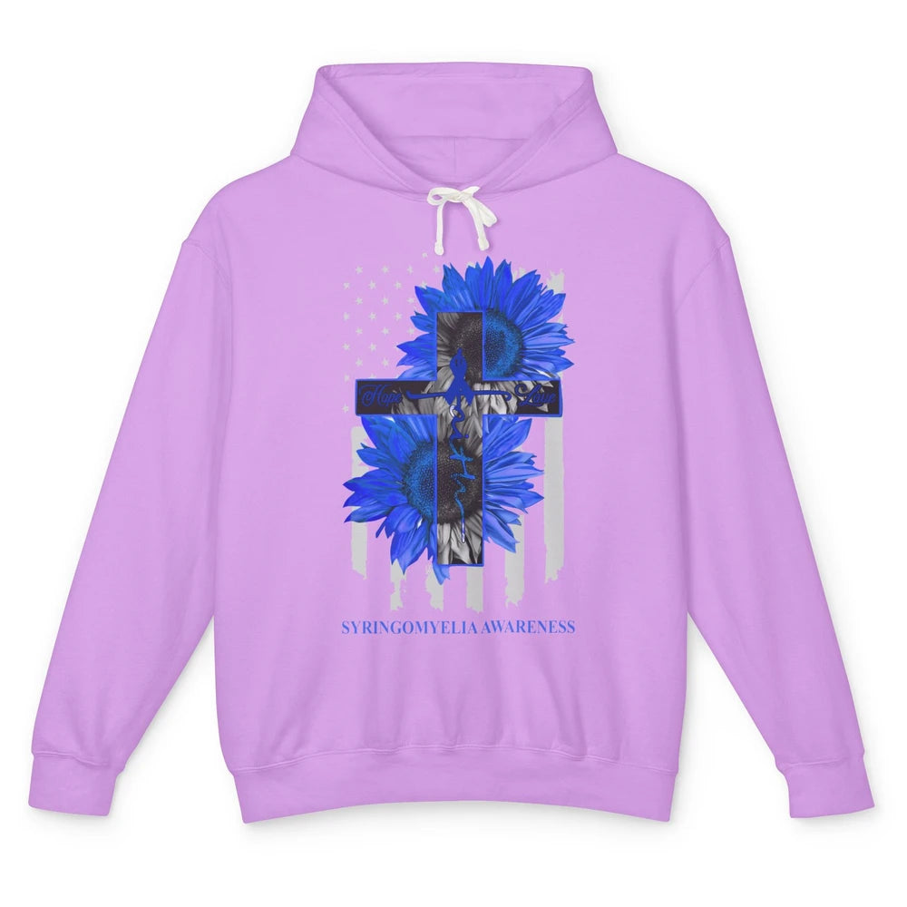 Syringomyelia Awareness Faith Hope Love Blue Ribbon US Flag Unisex Lightweight Hoodie