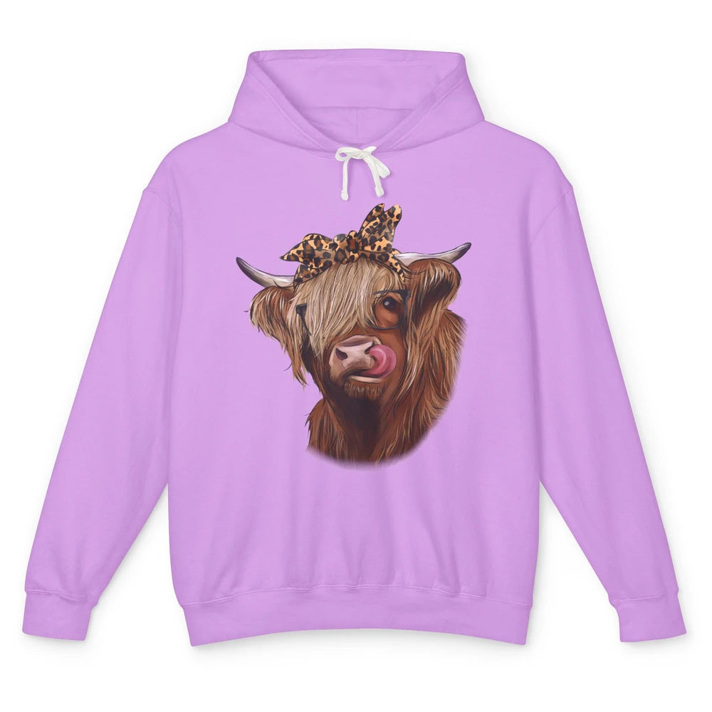 Highland Cow Glasses Leopard Bandana Western Farm Animals Unisex Lightweight Hoodie