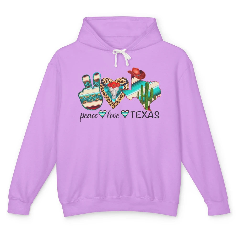 Peace Love Texas Cow Skull Western Country Cowboy Hat Cactus Unisex Lightweight Hoodie