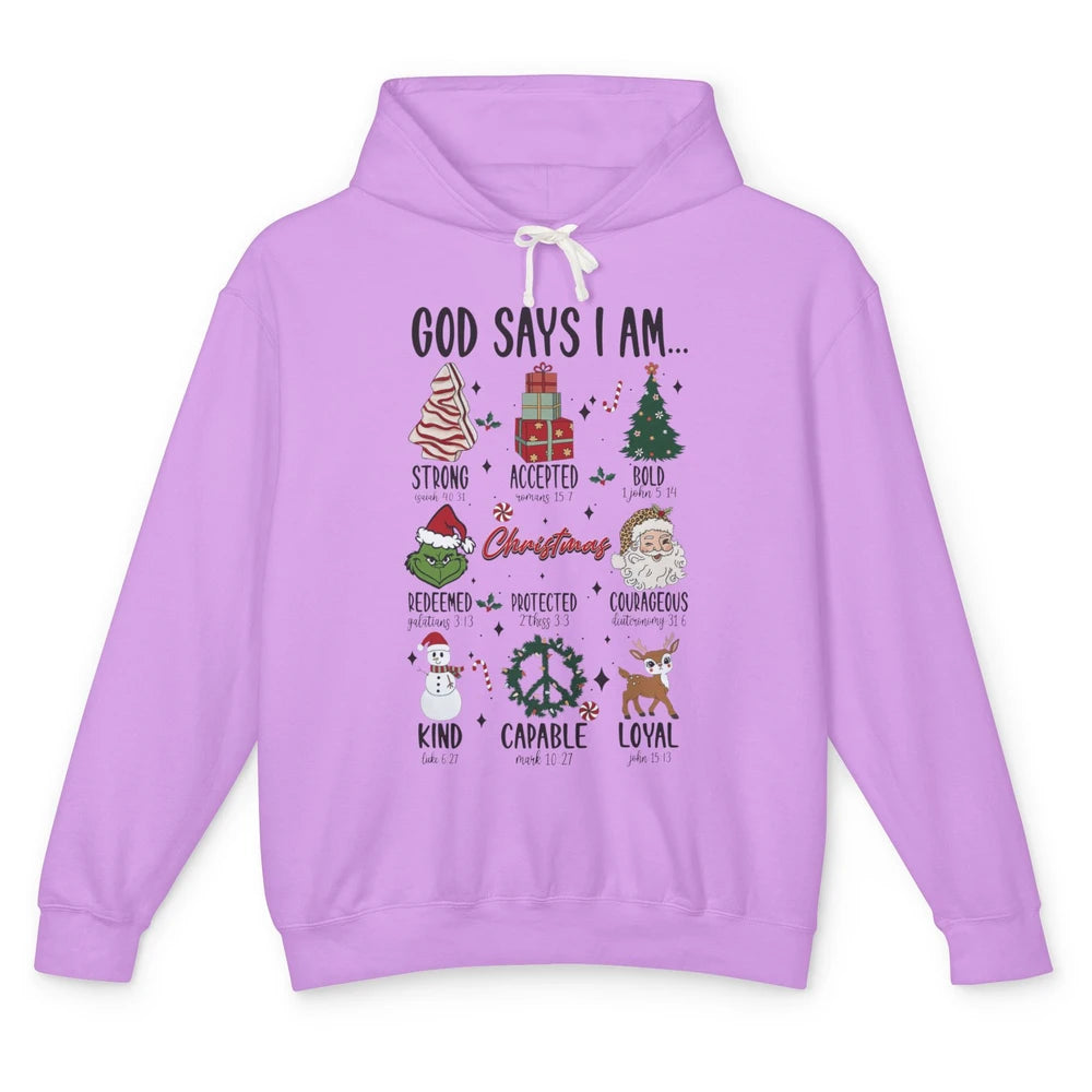 Retro Christmas God Says I Am Bible Verse Religious Boy Girl Unisex Lightweight Hoodie