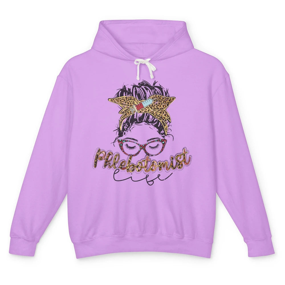 Retro Leopard Phlebotomist Life Messy Bun Mom Phlebotomy Unisex Lightweight Hoodie