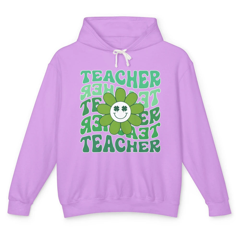 Retro Groovy Wavy Teacher Smiling Face Daisy St Patricks Day Unisex Lightweight Hoodie