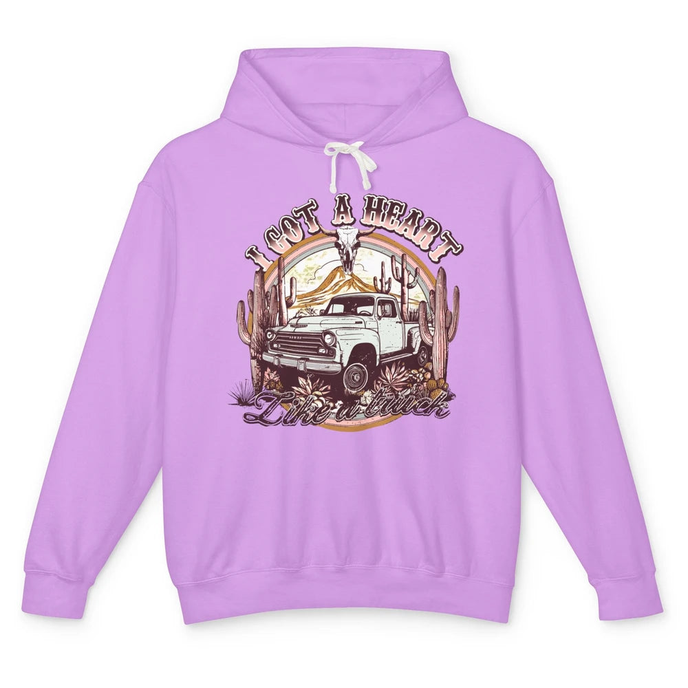 Retro Desert Bull Skull I Got A Heart Like A Truck Western Unisex Lightweight Hoodie