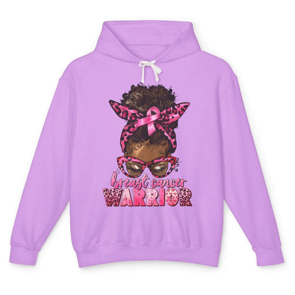 Afro Black Woman Breast Cancer Awareness Messy Bun Leopard Unisex Lightweight Hoodie