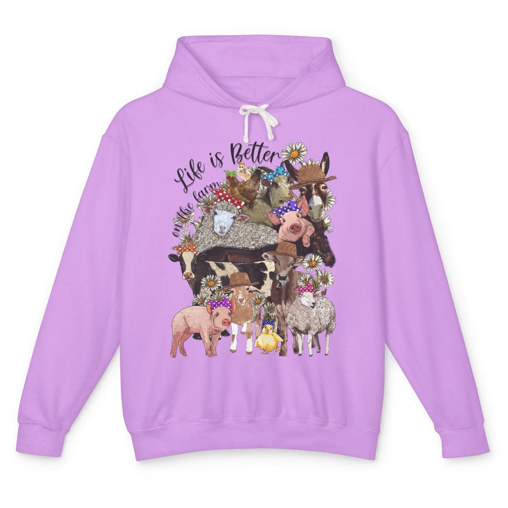 Western Animals Life Is Better On The Farm Pig Cow Donkey Unisex Lightweight Hoodie