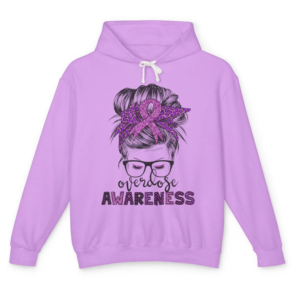 Overdose Awareness Messy Hair Bun Purple Leopard Warrior Unisex Lightweight Hoodie