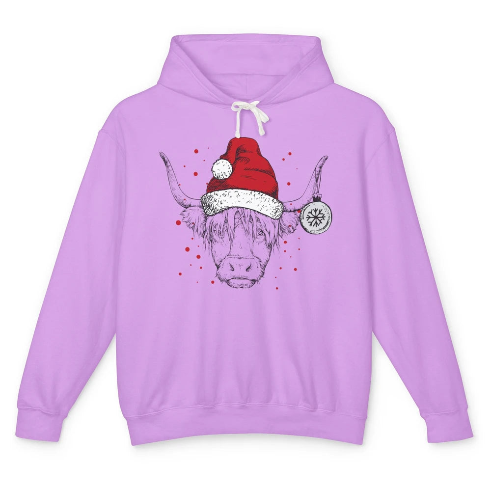 Cute Highland Cow Christmas With Santa Hat Western Xmas Cow Unisex Lightweight Hoodie