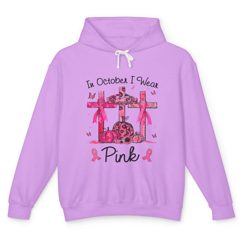 Cross Pumpkin Christian Pink Ribbon Breast Cancer Awareness Unisex Lightweight Hoodie