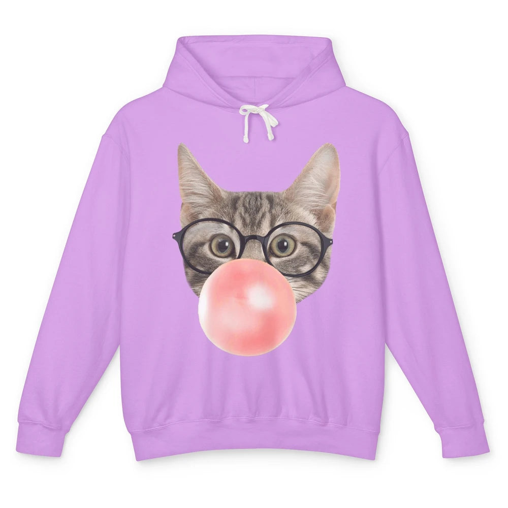 Funny Cat Blow Giant Bubble Gum Pink Glasses Sarcastic Pun Unisex Lightweight Hoodie