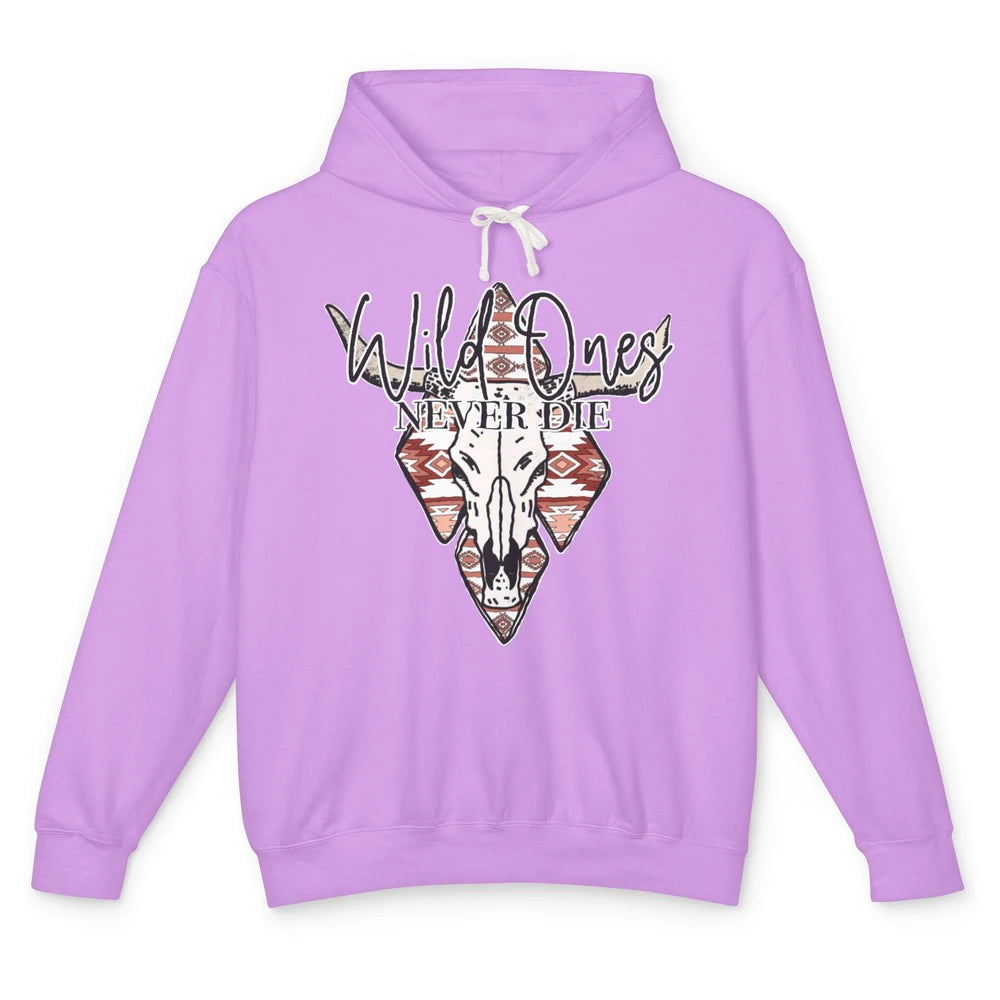 Retro Bull Skull Aztec Wild Ones Never Die Western Country Unisex Lightweight Hoodie