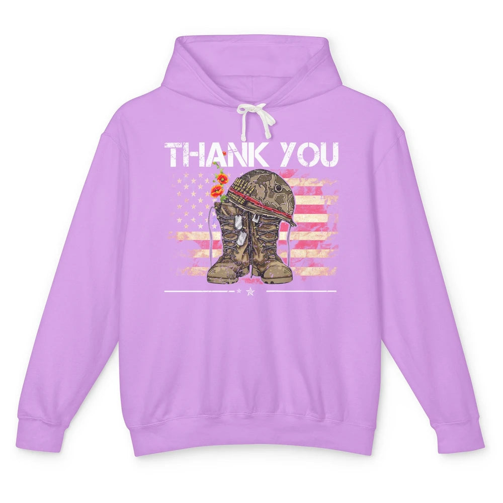 Vintage Veteran US Flag Thank You Military Boot Memorial Day Unisex Lightweight Hoodie