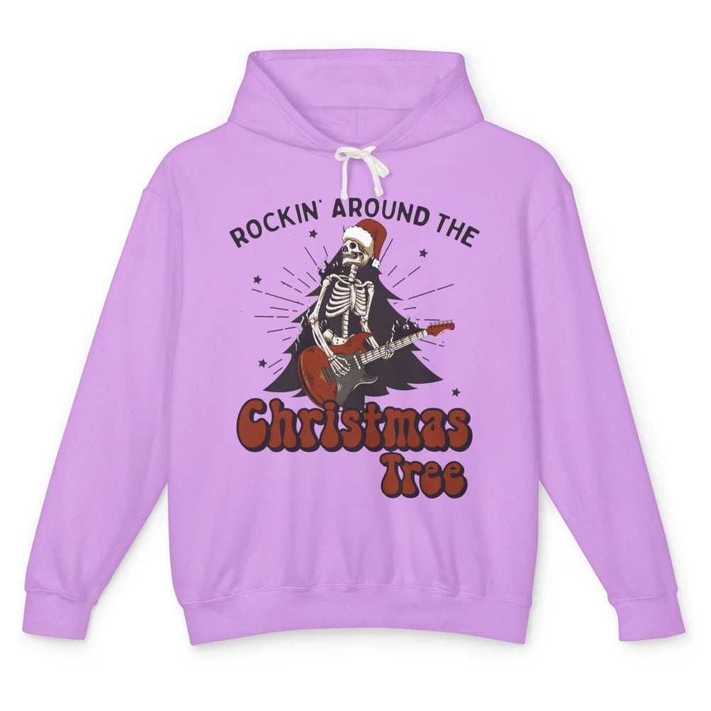 Skeleton Guitar Rocking Around Christmas Tree Western Xmas Unisex Lightweight Hoodie